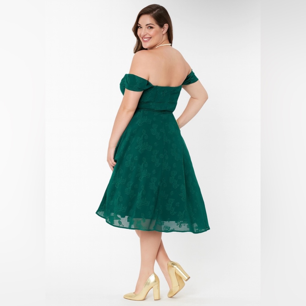 Unique Vintage 1950s Teal Green Jacquard Off Shoulder Flare Dress, Size  XL, NWT - Picture 10 of 15